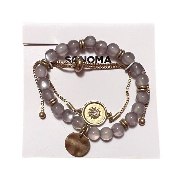 NWT Sonoma Gold Tone Moonstone Color Bead And Rhinestone Set Of 2 Bracelets - Picture 1 of 3